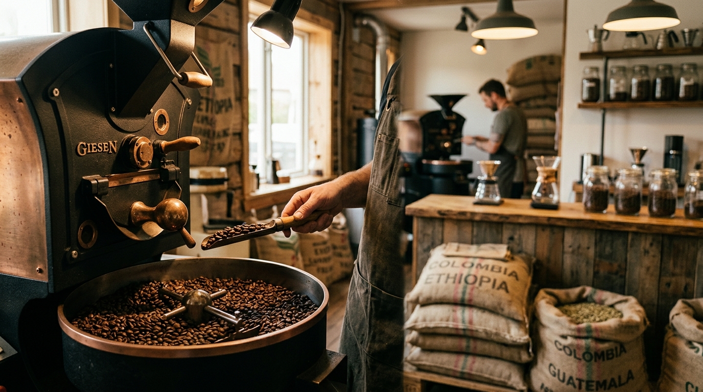 Close up of freshly roasted artisan coffee beans with rich texture