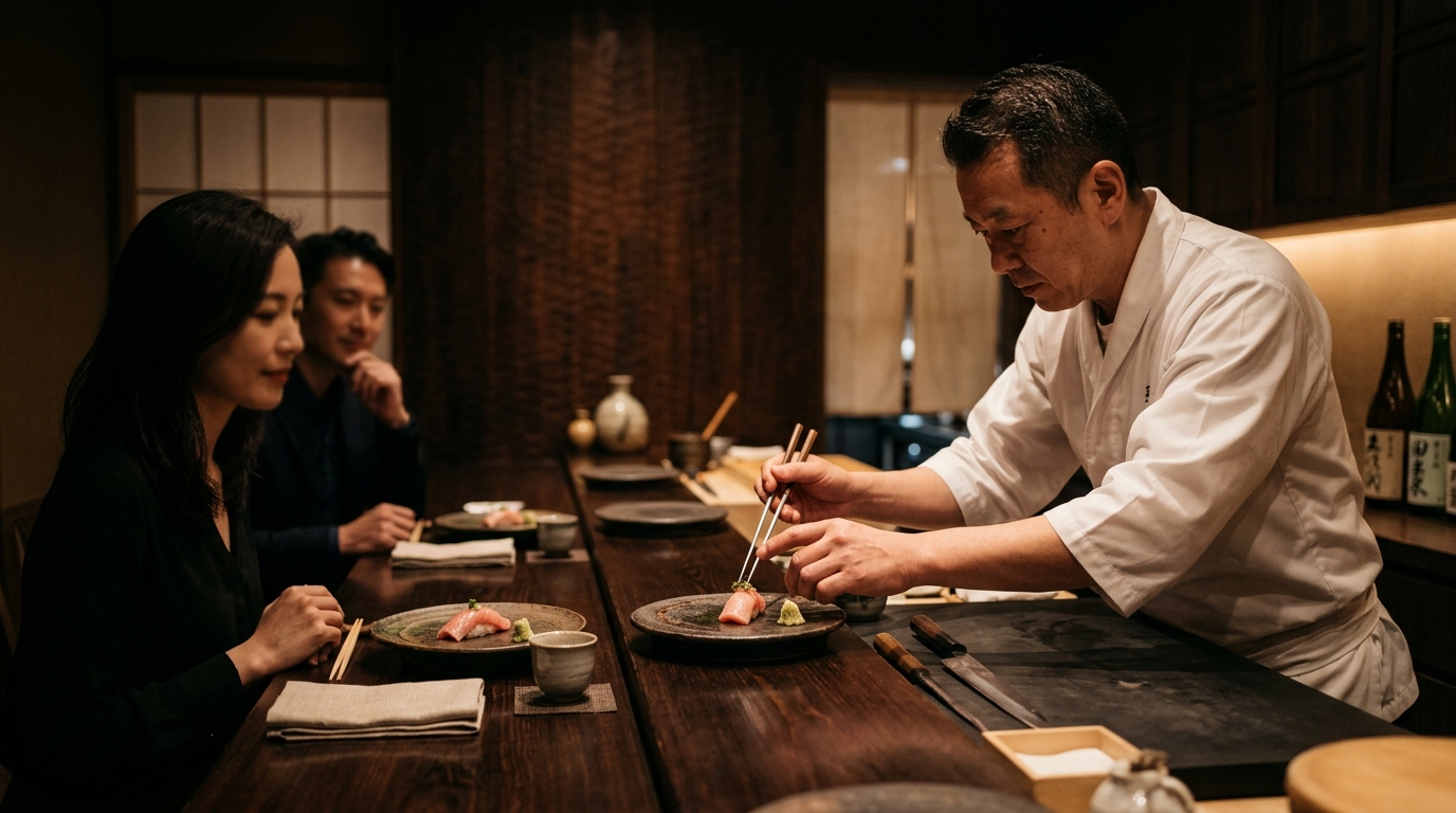 Exquisite Omakase seasonal dish presented on dark ceramic