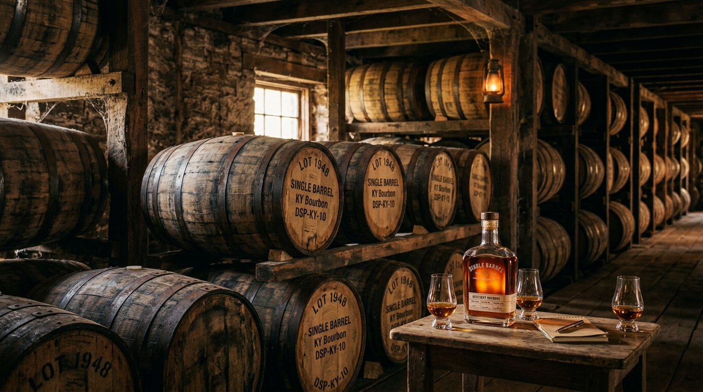 Aged oak bourbon barrels in a quiet rickhouse