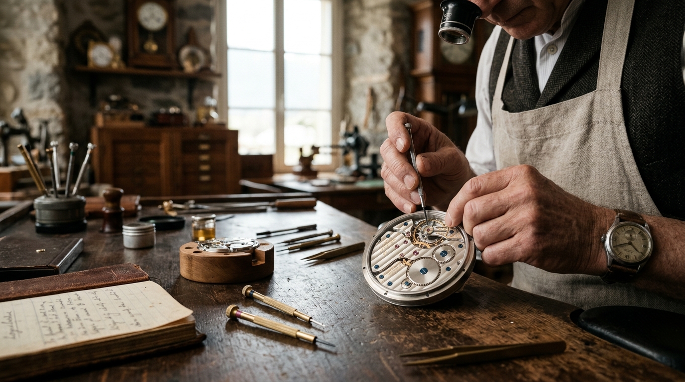 Close-up of a hand-finished Swiss watch movement showing brushed steel gears