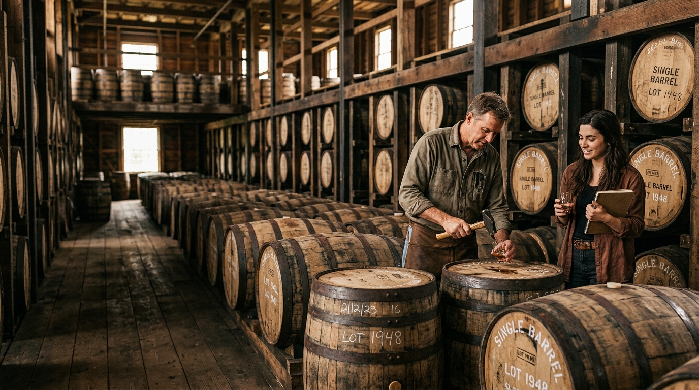 Close up of a charred oak bourbon barrel in a Kentucky warehouse