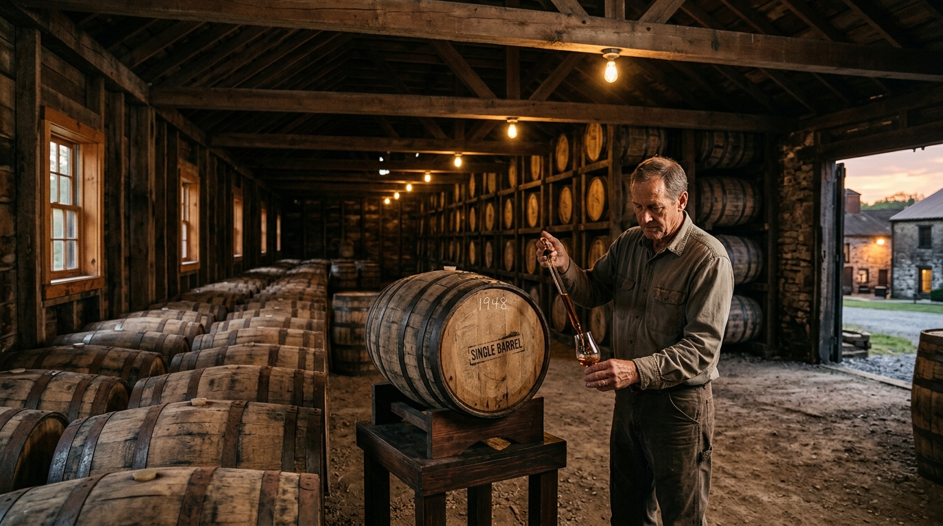 Amber bourbon aging in charred oak barrels