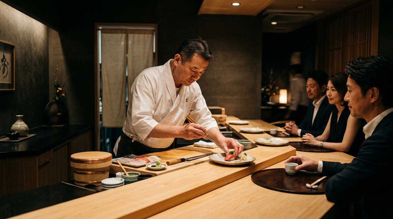 Intimate counter dining at a master chef's omakase