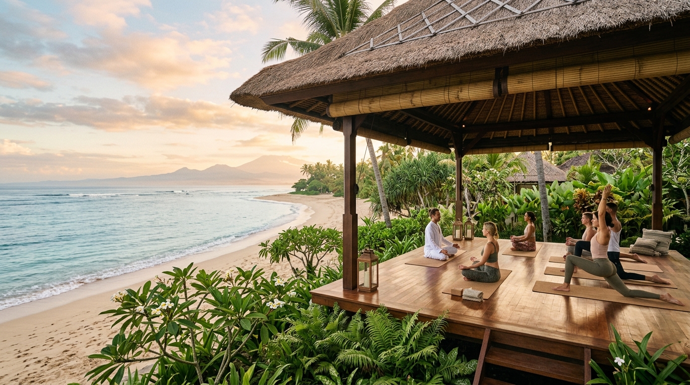 Yoga practitioner at sunrise on a Balinese beach