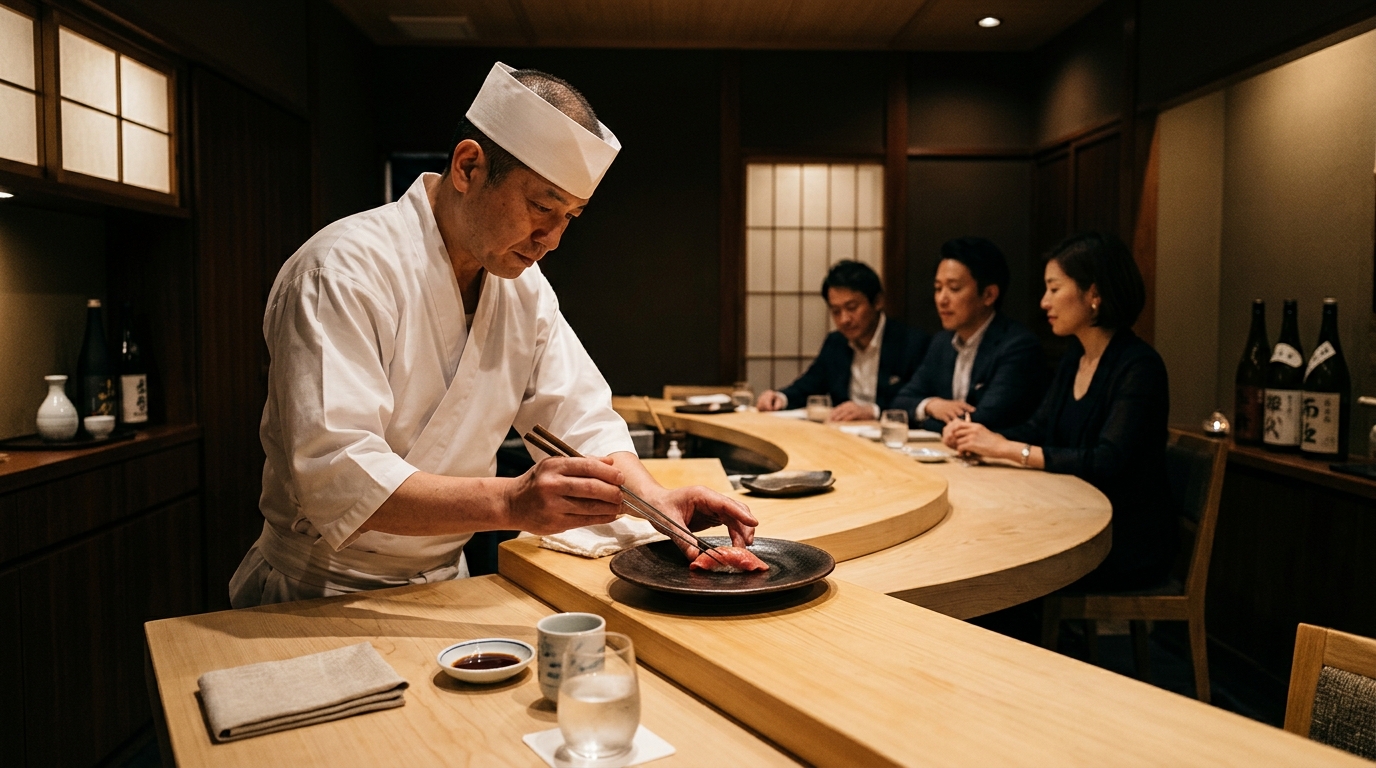 Close-up of a meticulously prepared nigiri course on a dark ceramic plate