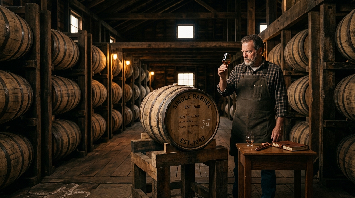 Close-up of aging bourbon barrels in a dark oak rickhouse