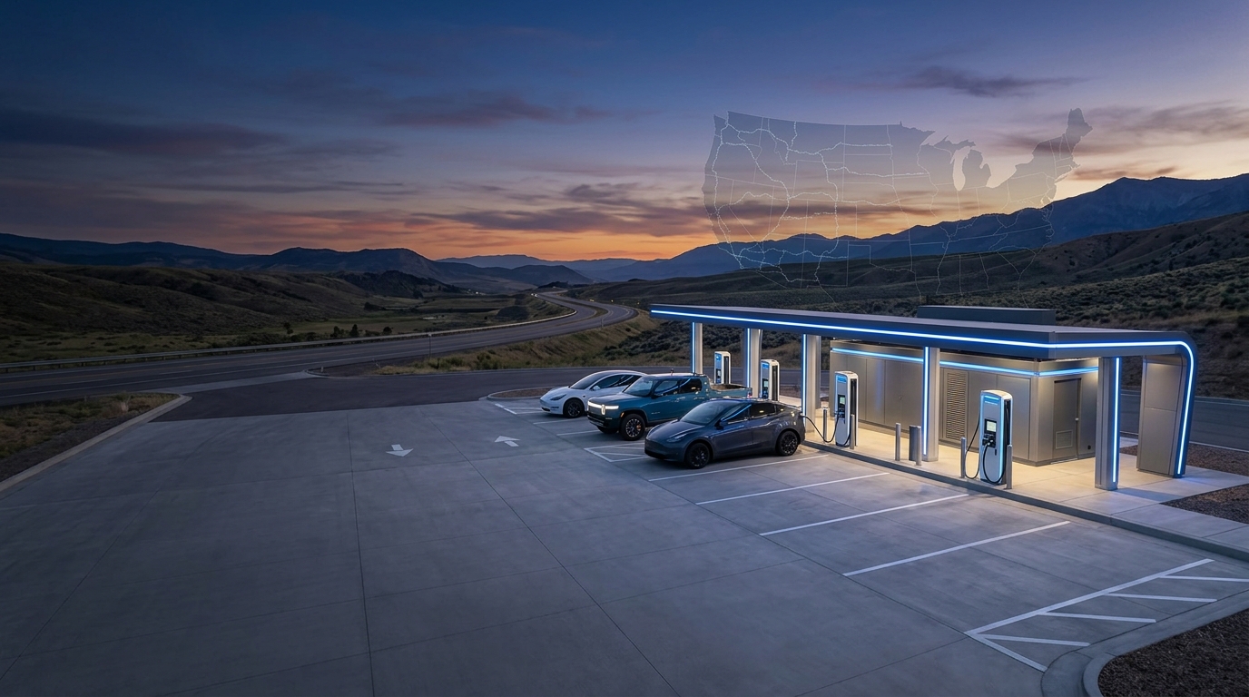 EV high-speed charging station in a mountain landscape