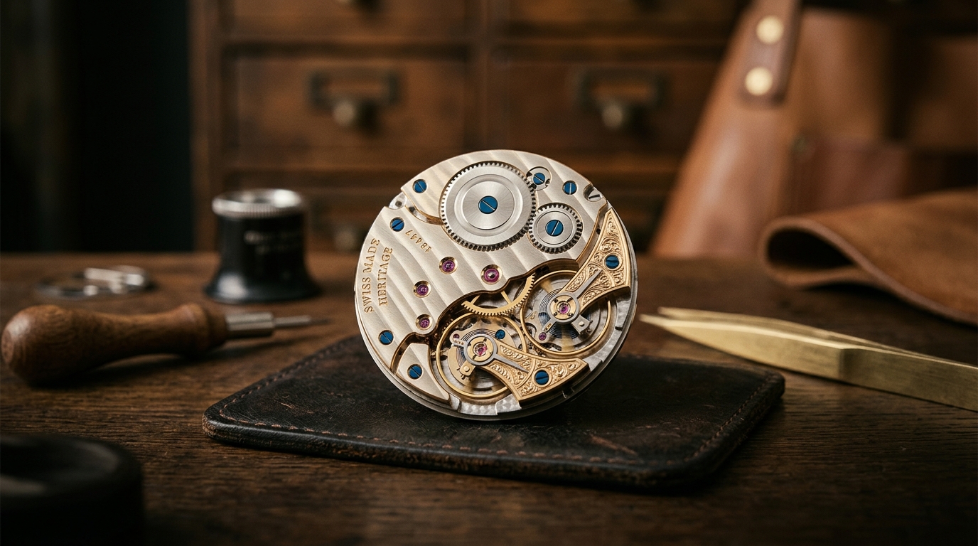 Macro photography of an intricate hand-finished Swiss watch movement