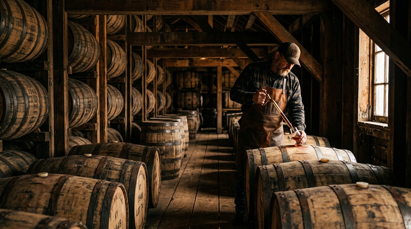 Close up of a premium bourbon bottle and aging oak barrels inside the distillery