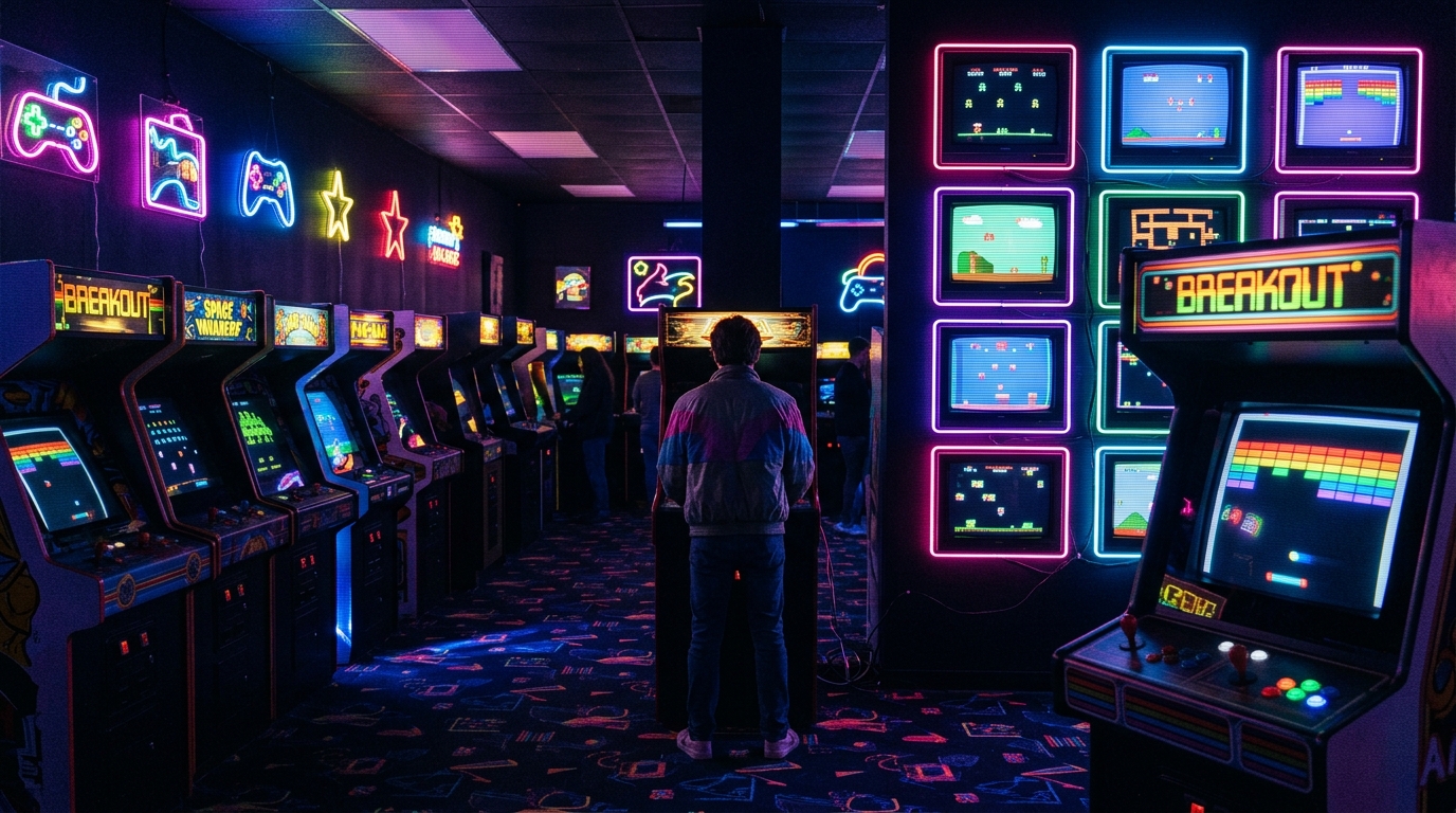 Close-up of a vintage retro arcade terminal in a neon-lit room