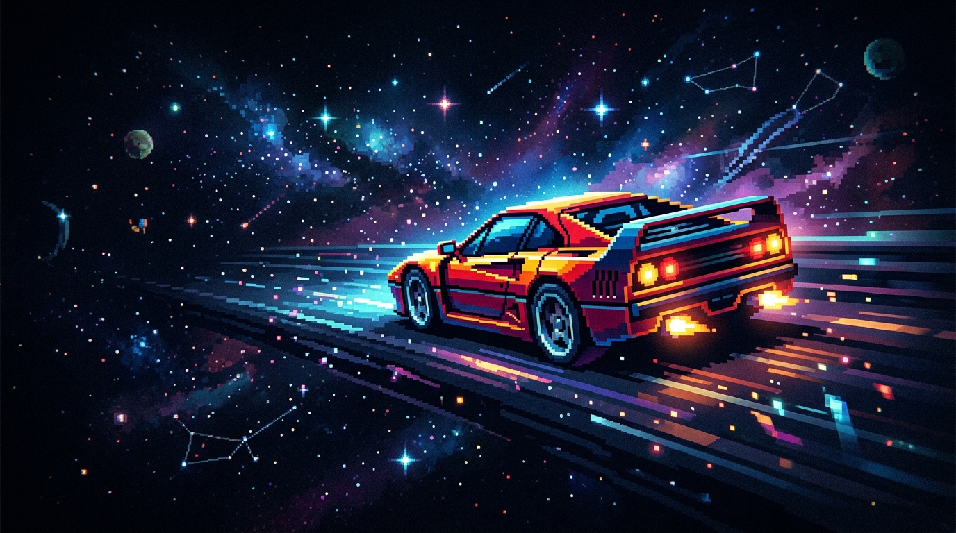 Pixelized pink sports car at night