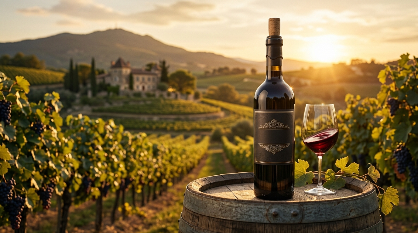 Luxury wine bottle at golden hour