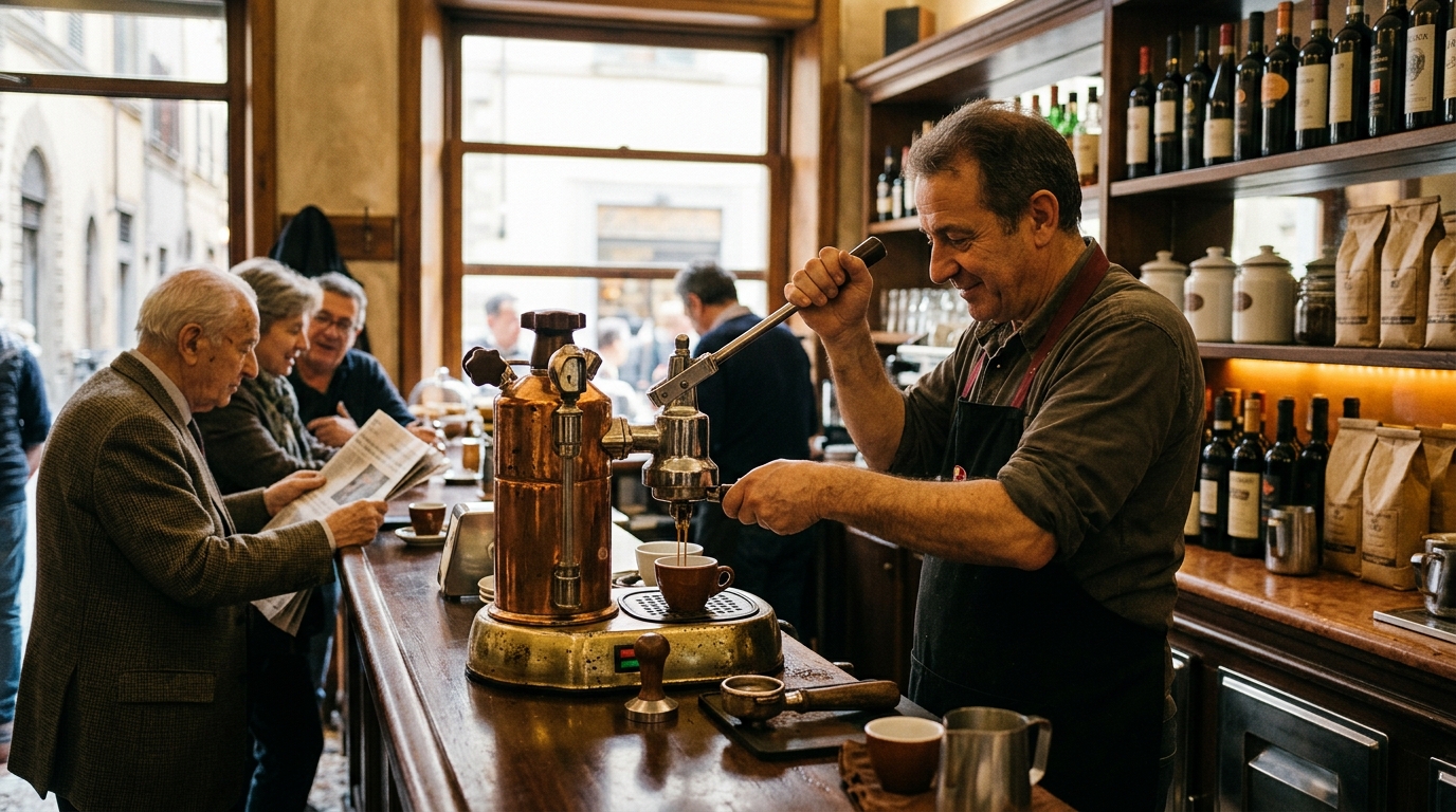 Vintage espresso brewing vessel in an early twentieth-century coffee house setting