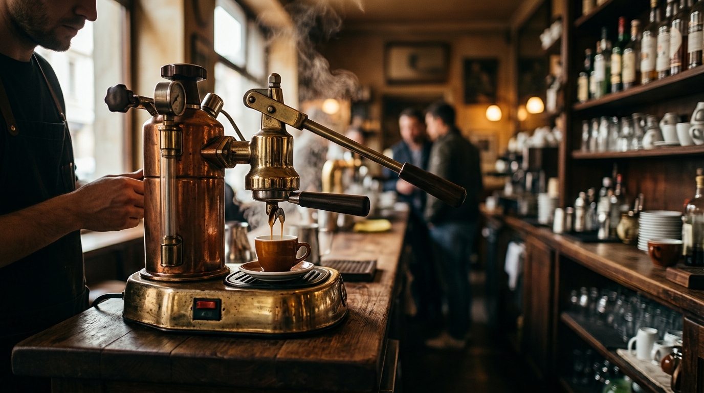 A highly detailed, modern extraction showing deep caramel crema pouring from a portafilter