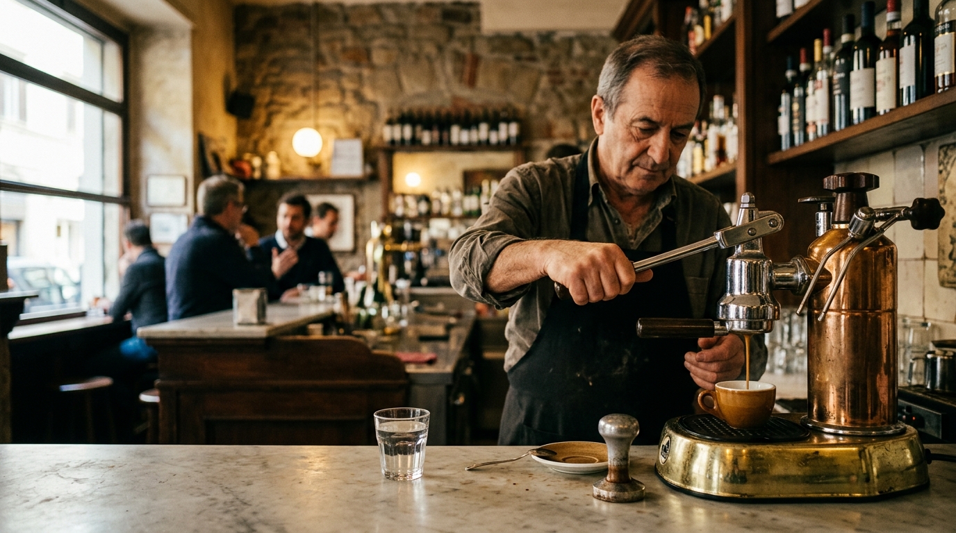 An Italian barista carefully preparing espresso on a legendary vintage machine
